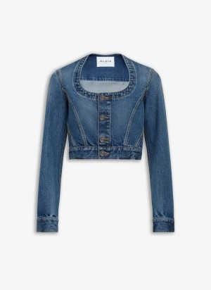 Alaia Nekcline Denim Jakker Dame Blå Norge | T0F-8445