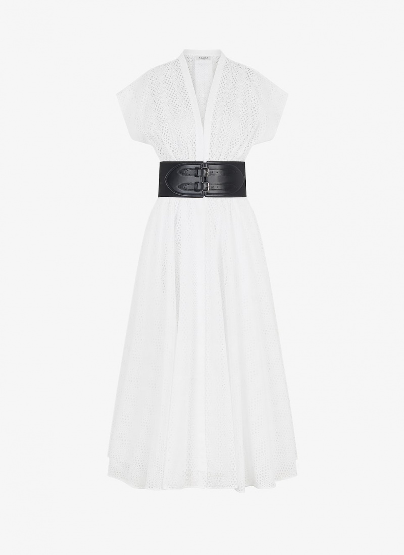 Alaia Broderie Anglaise Belted Kjole Dame Hvite Norge | O4Y-4232