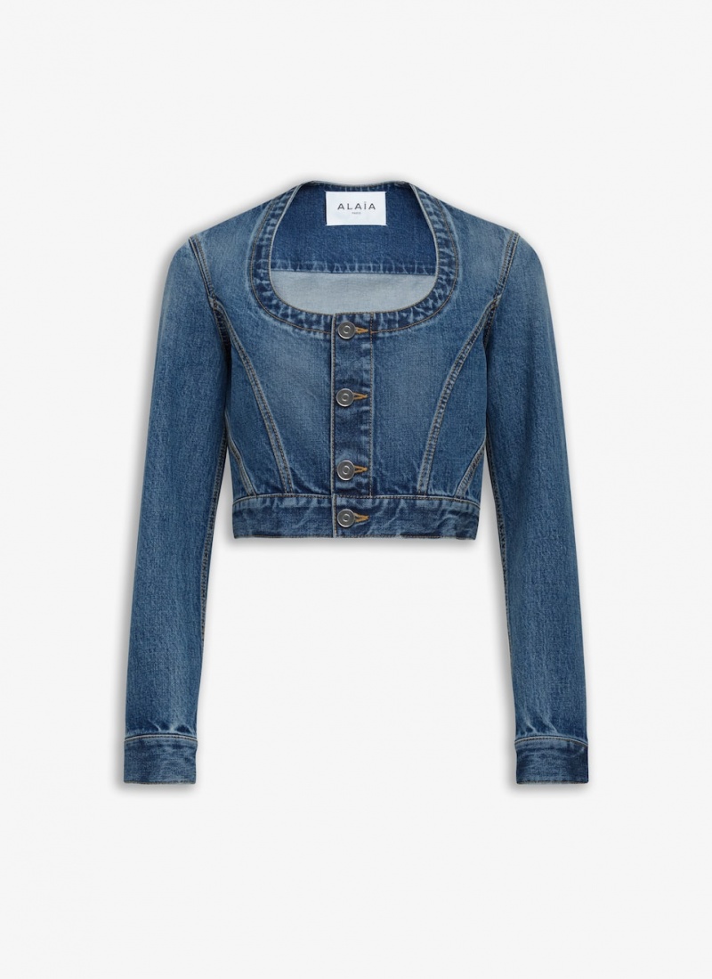 Alaia Nekcline Denim Jakker Dame Blå Norge | T0F-8445